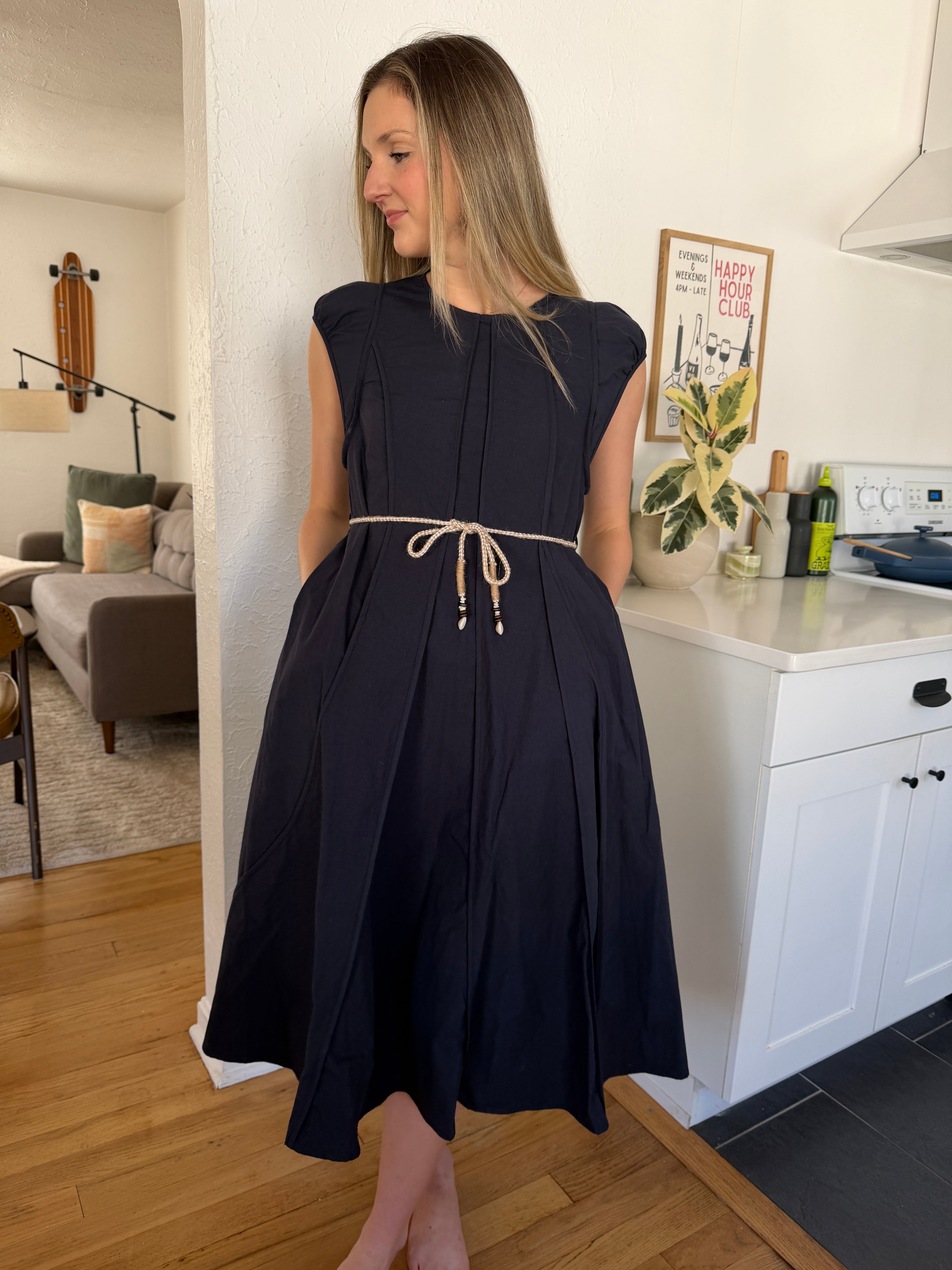 PINCH Kameron Cotton Rope Belt Short Sleeve Midi Dress (Navy)