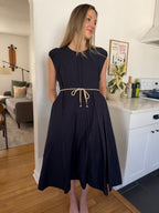 PINCH Kameron Cotton Rope Belt Short Sleeve Midi Dress (Navy)