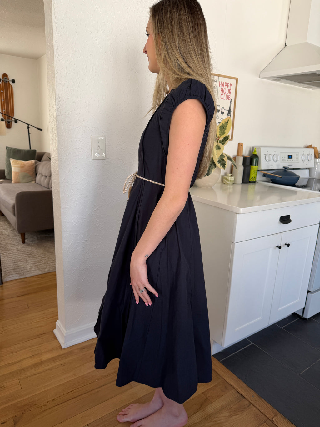 PINCH Kameron Cotton Rope Belt Short Sleeve Midi Dress (Navy)