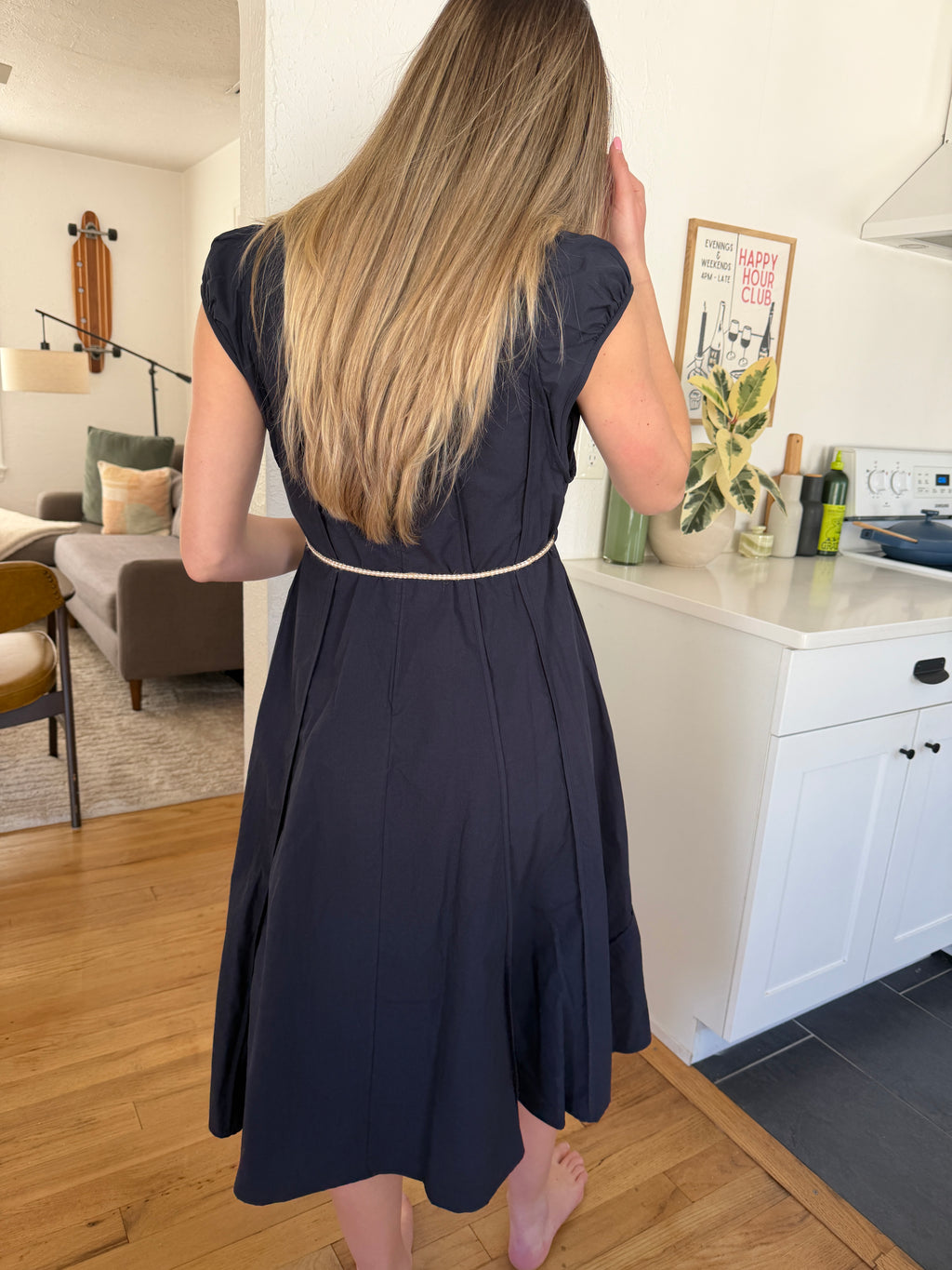 PINCH Kameron Cotton Rope Belt Short Sleeve Midi Dress (Navy)