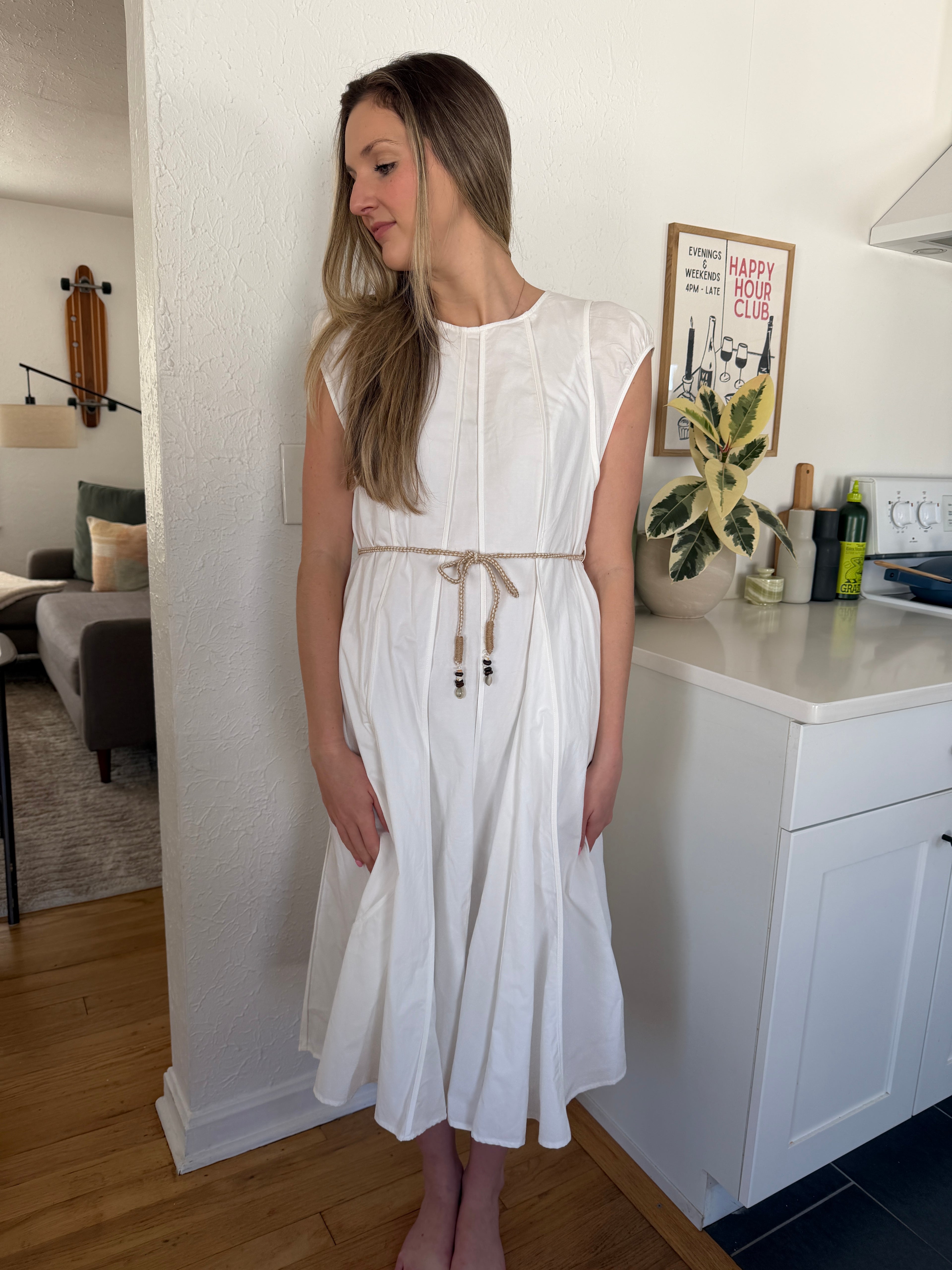 PINCH Kameron Cotton Rope Belt Short Sleeve Midi Dress (White)