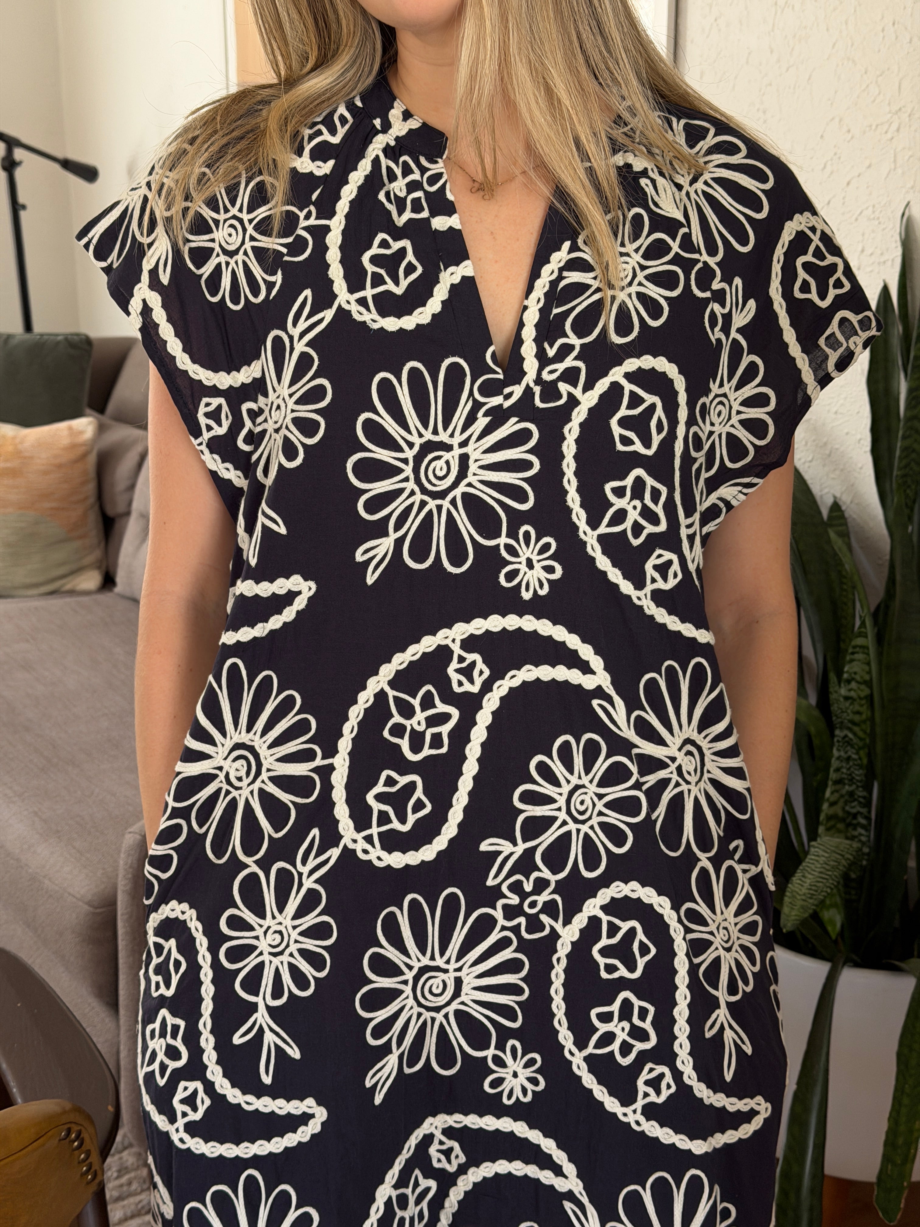 PINCH Karter Floral Paisley Embroidered Mini Dress (Navy)