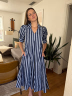 PINCH Kiara Stripe Collared Puff Sleeve Midi Dress (Blue)
