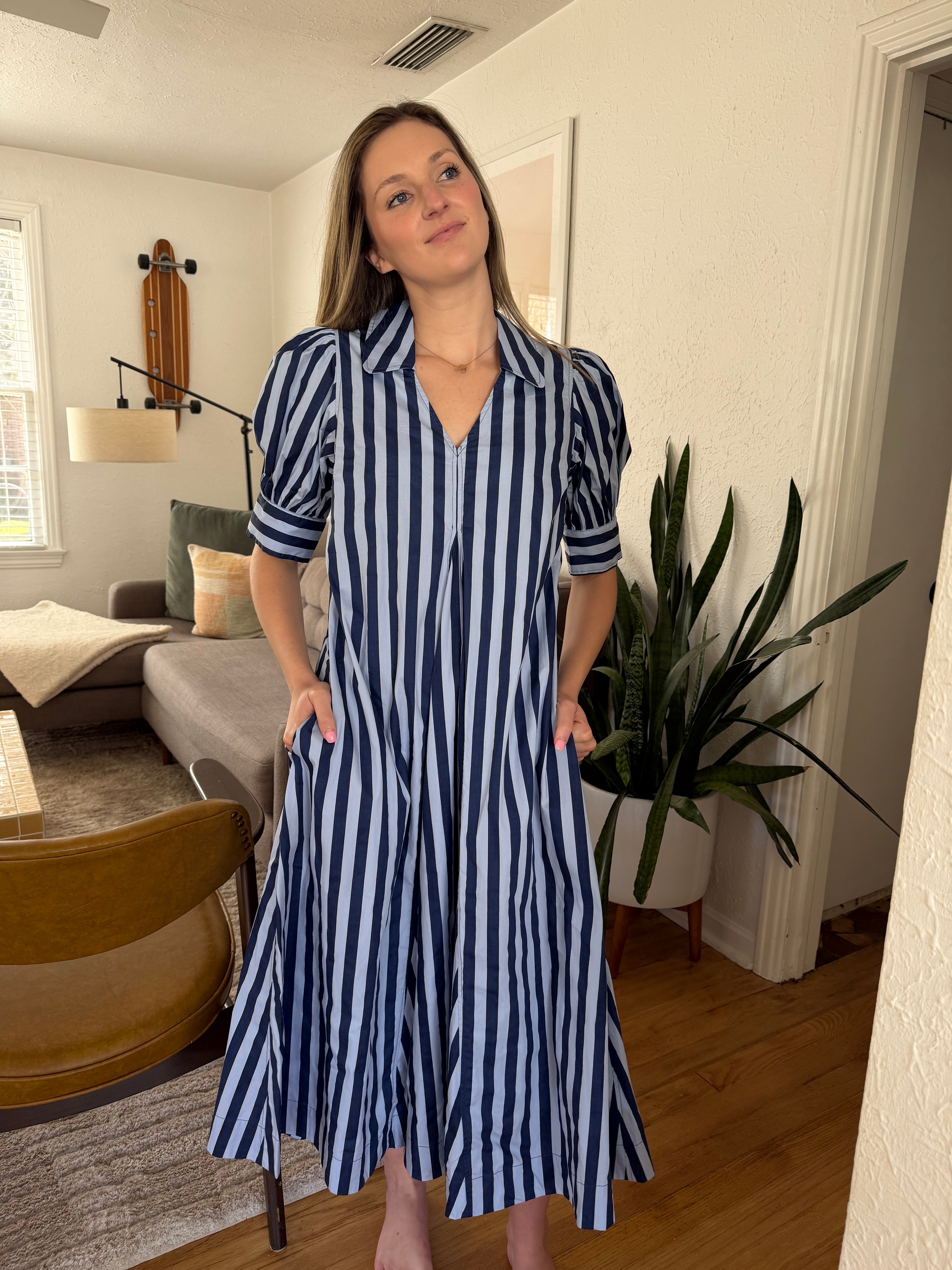 PINCH Kiara Stripe Collared Puff Sleeve Midi Dress (Blue)
