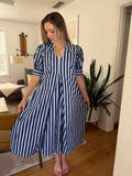 PINCH Kiara Stripe Collared Puff Sleeve Midi Dress (Blue)