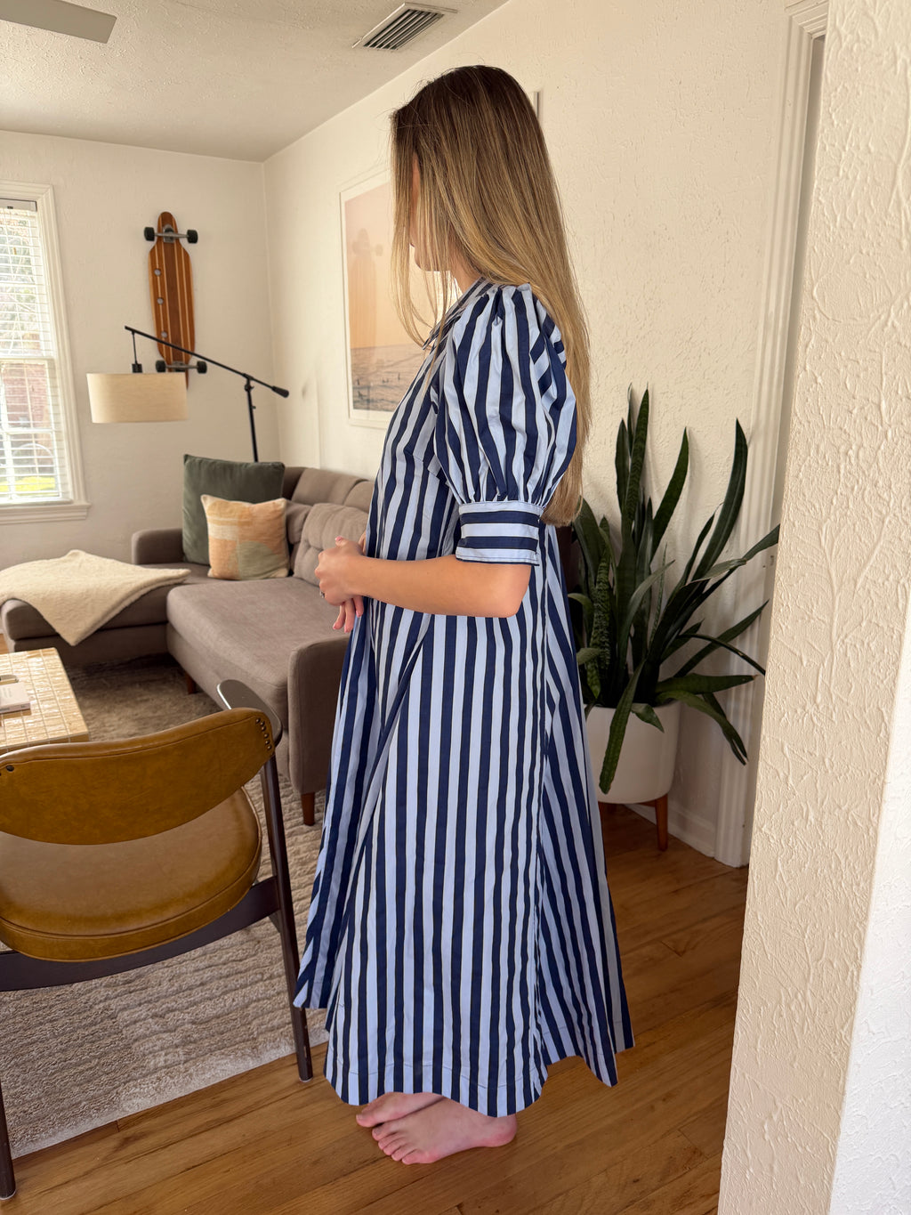 PINCH Kiara Stripe Collared Puff Sleeve Midi Dress (Blue)