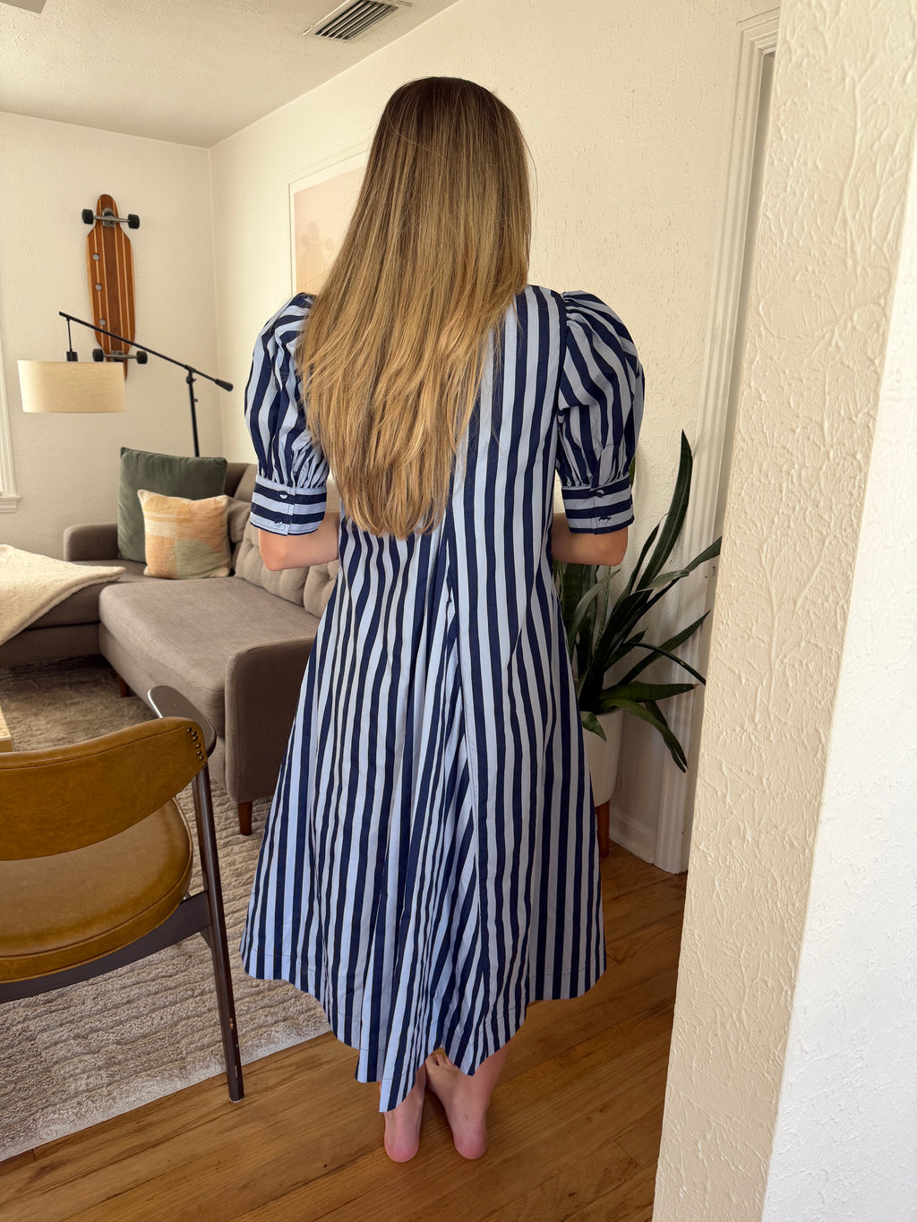 PINCH Kiara Stripe Collared Puff Sleeve Midi Dress (Blue)