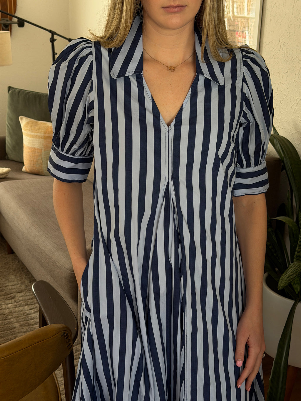 PINCH Kiara Stripe Collared Puff Sleeve Midi Dress (Blue)