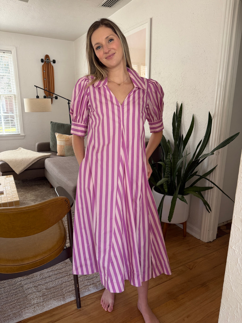 PINCH Kiara Stripe Collared Puff Sleeve Midi Dress (Pink)