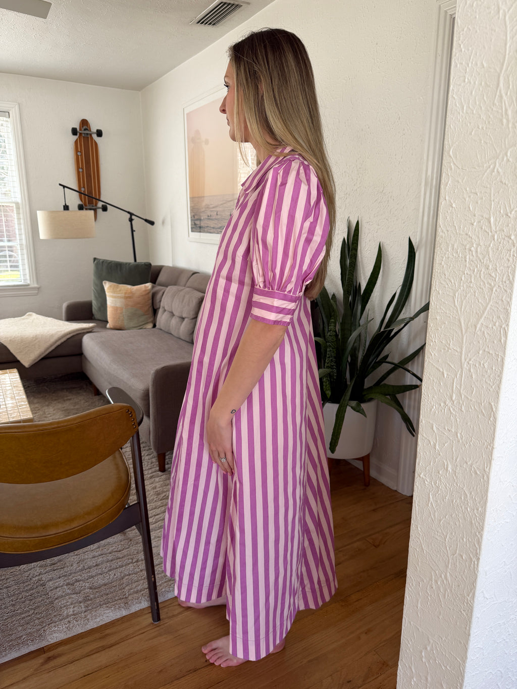 PINCH Kiara Stripe Collared Puff Sleeve Midi Dress (Pink)