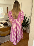 PINCH Kiara Stripe Collared Puff Sleeve Midi Dress (Pink)