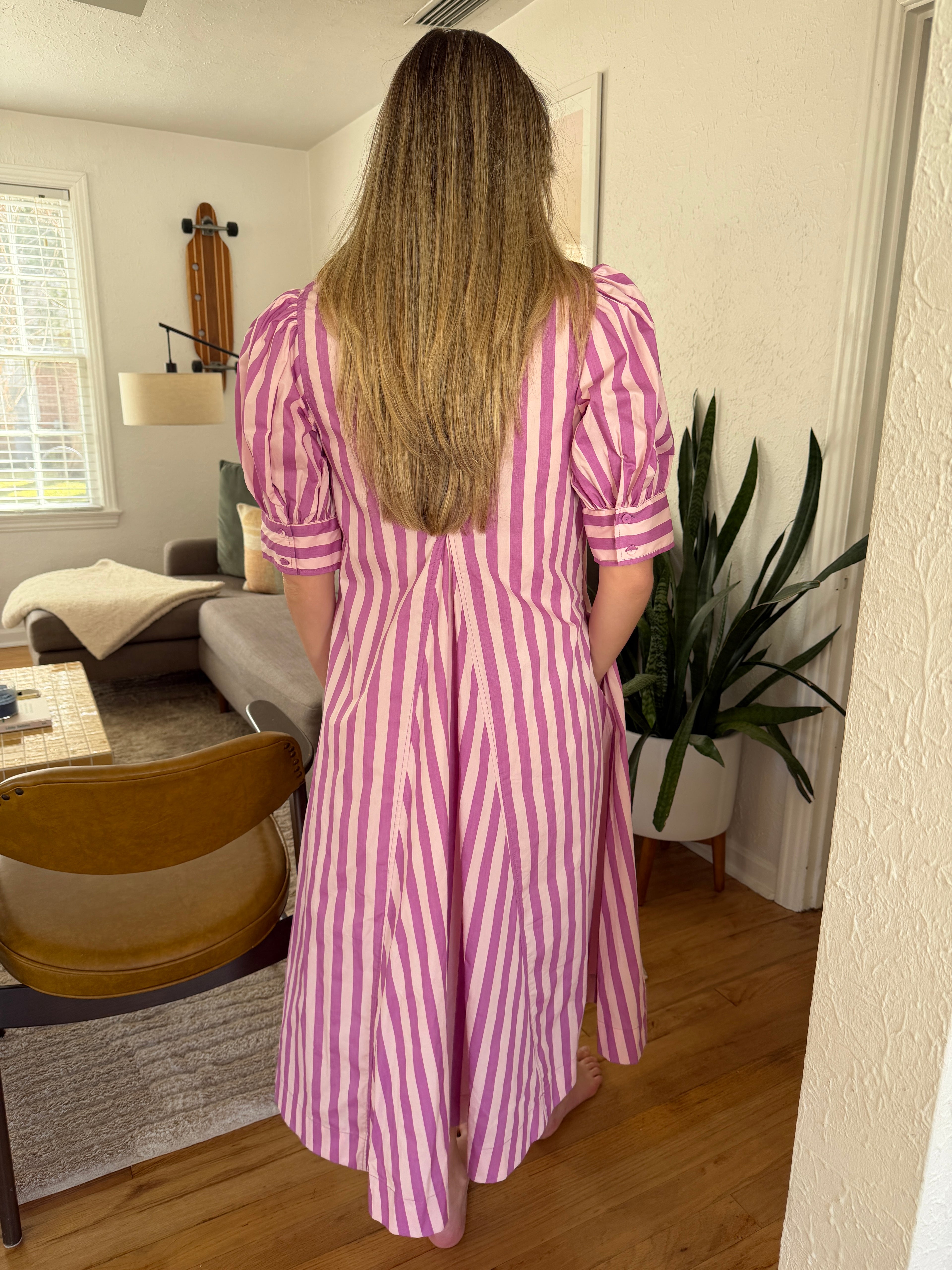 PINCH Kiara Stripe Collared Puff Sleeve Midi Dress (Pink)