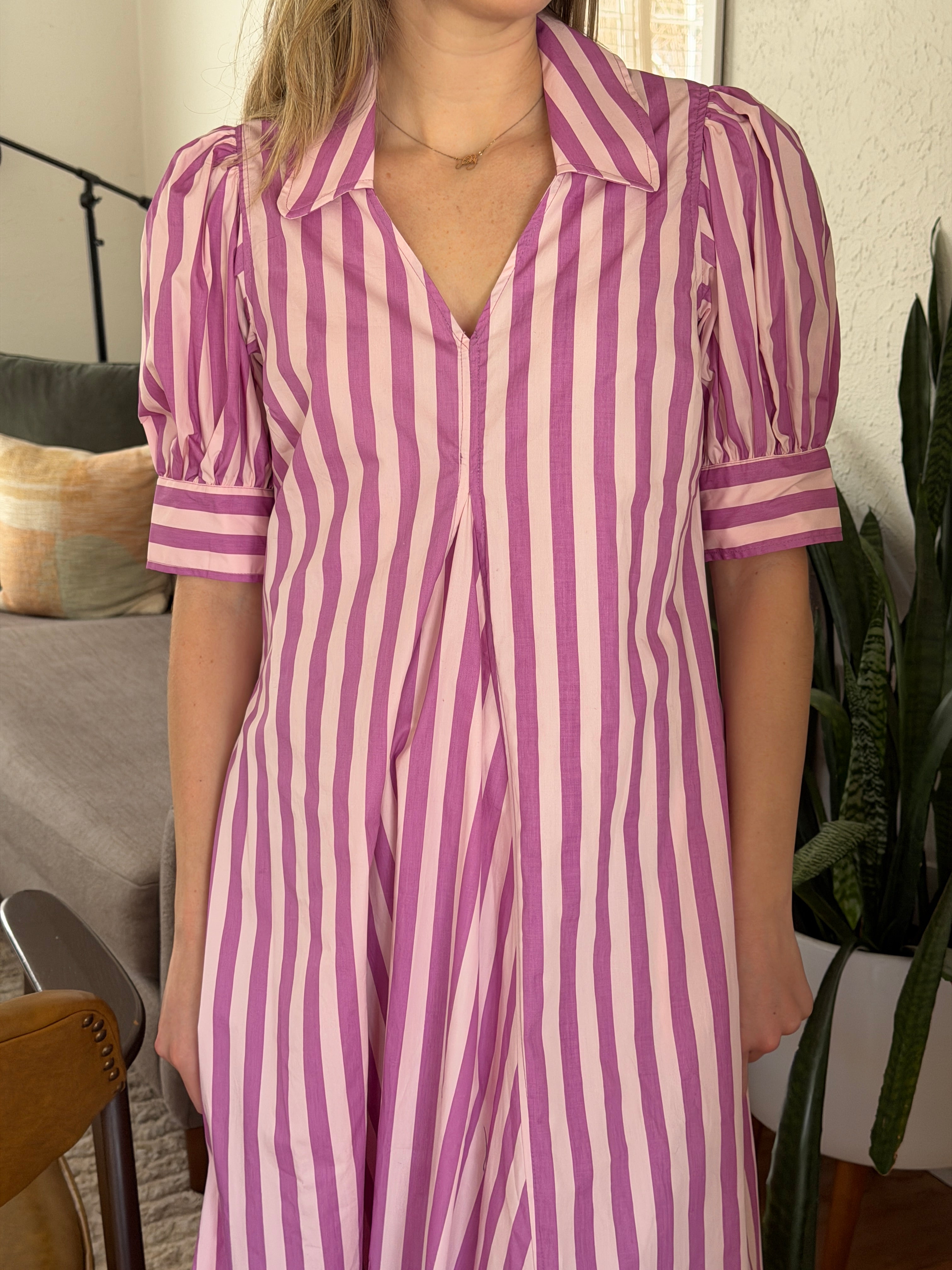 PINCH Kiara Stripe Collared Puff Sleeve Midi Dress (Pink)