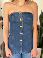 James Denim Gold Buttoned Strapless Longline Top