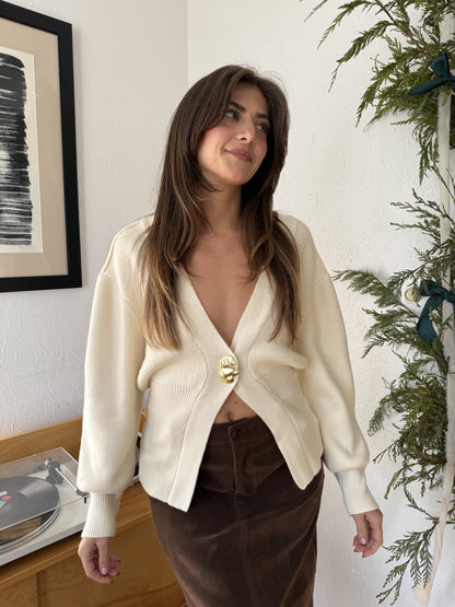 Parker Knit Cinch Gold Button Cardigan (Cream)