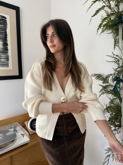Parker Knit Cinch Gold Button Cardigan (Cream)