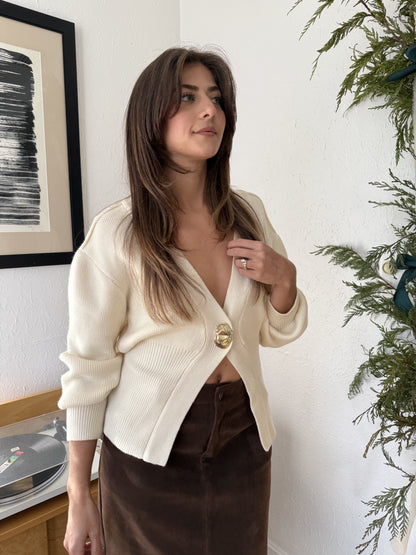 Parker Knit Cinch Gold Button Cardigan (Cream)