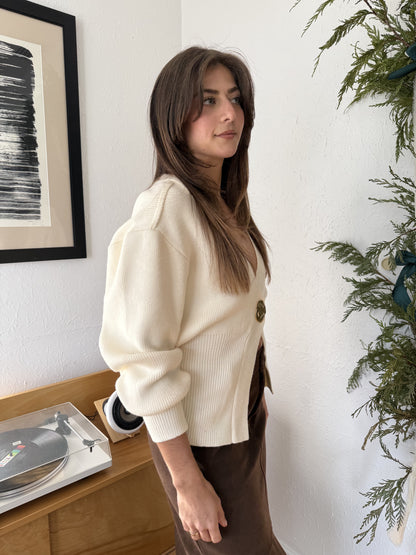 Parker Knit Cinch Gold Button Cardigan (Cream)