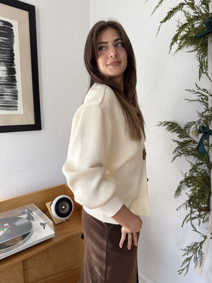 Parker Knit Cinch Gold Button Cardigan (Cream)