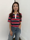 Bailey Rose Polly Striped Polo Collared Top (Red) (XS)