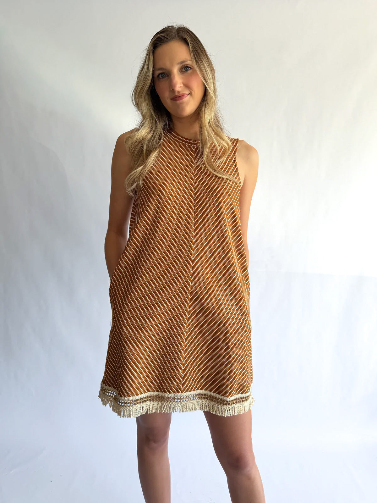 Maeve Rust Geometric Fringe Tank Mini Dress