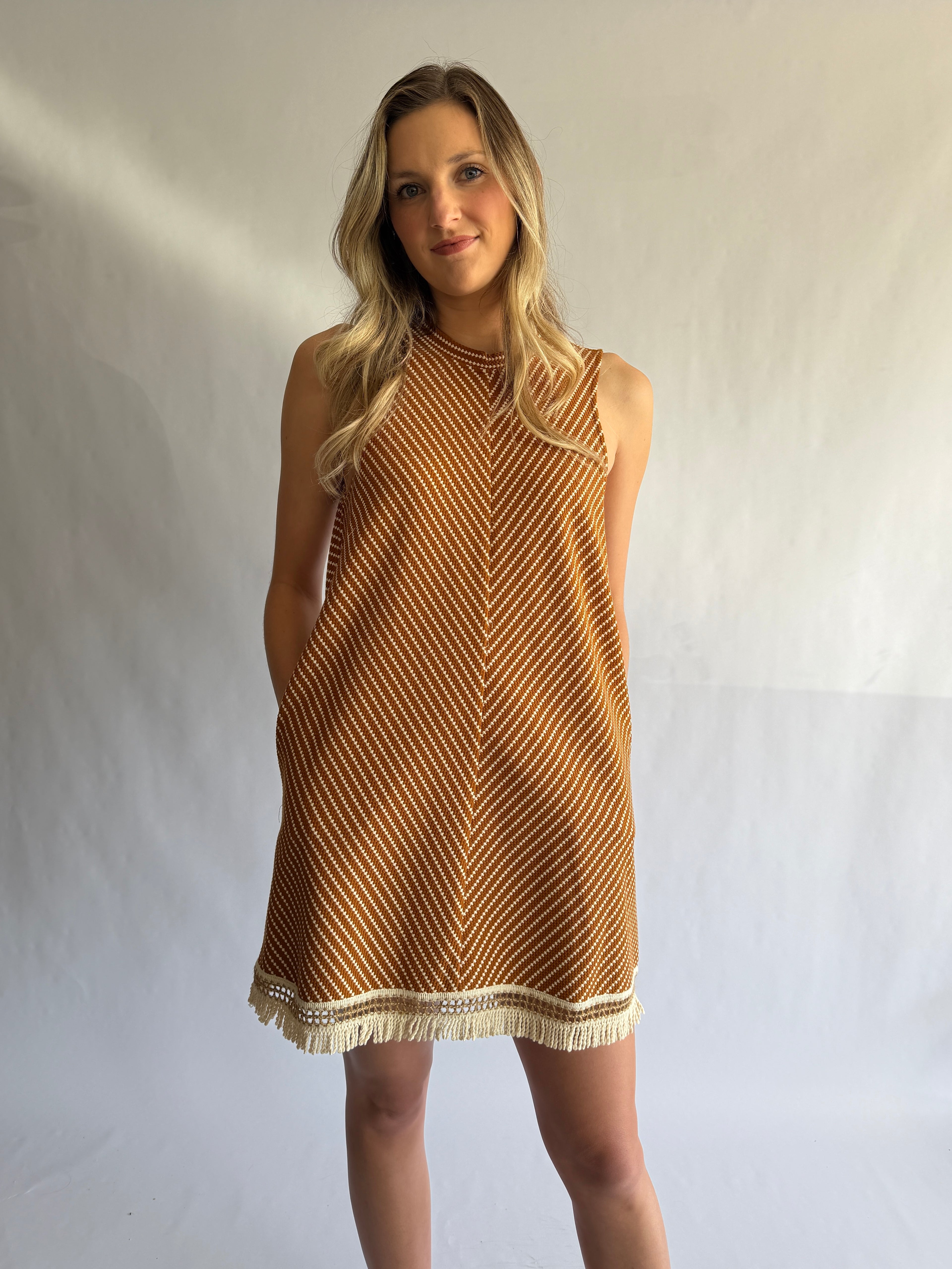 Maeve Rust Geometric Fringe Tank Mini Dress