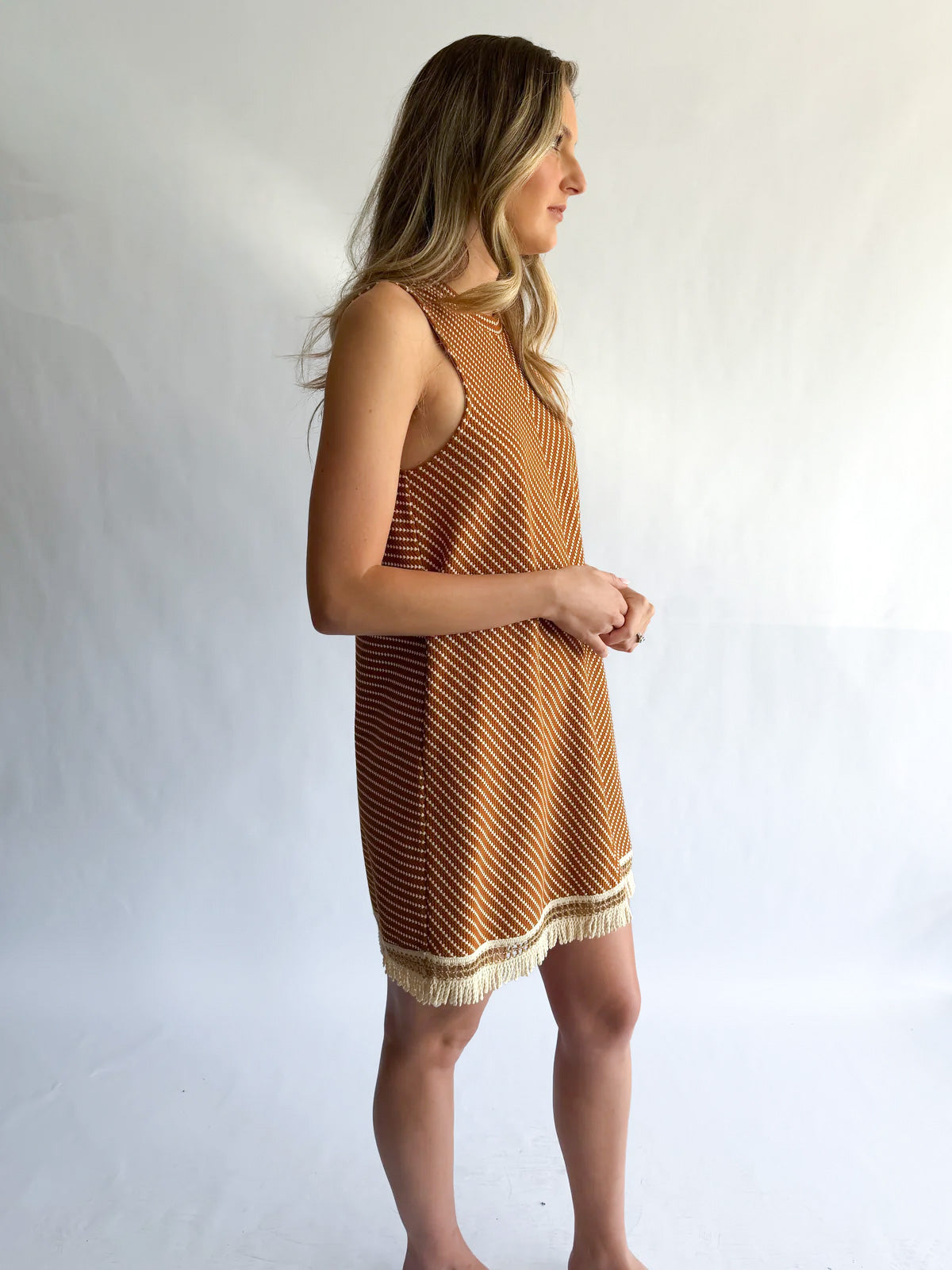 Maeve Rust Geometric Fringe Tank Mini Dress