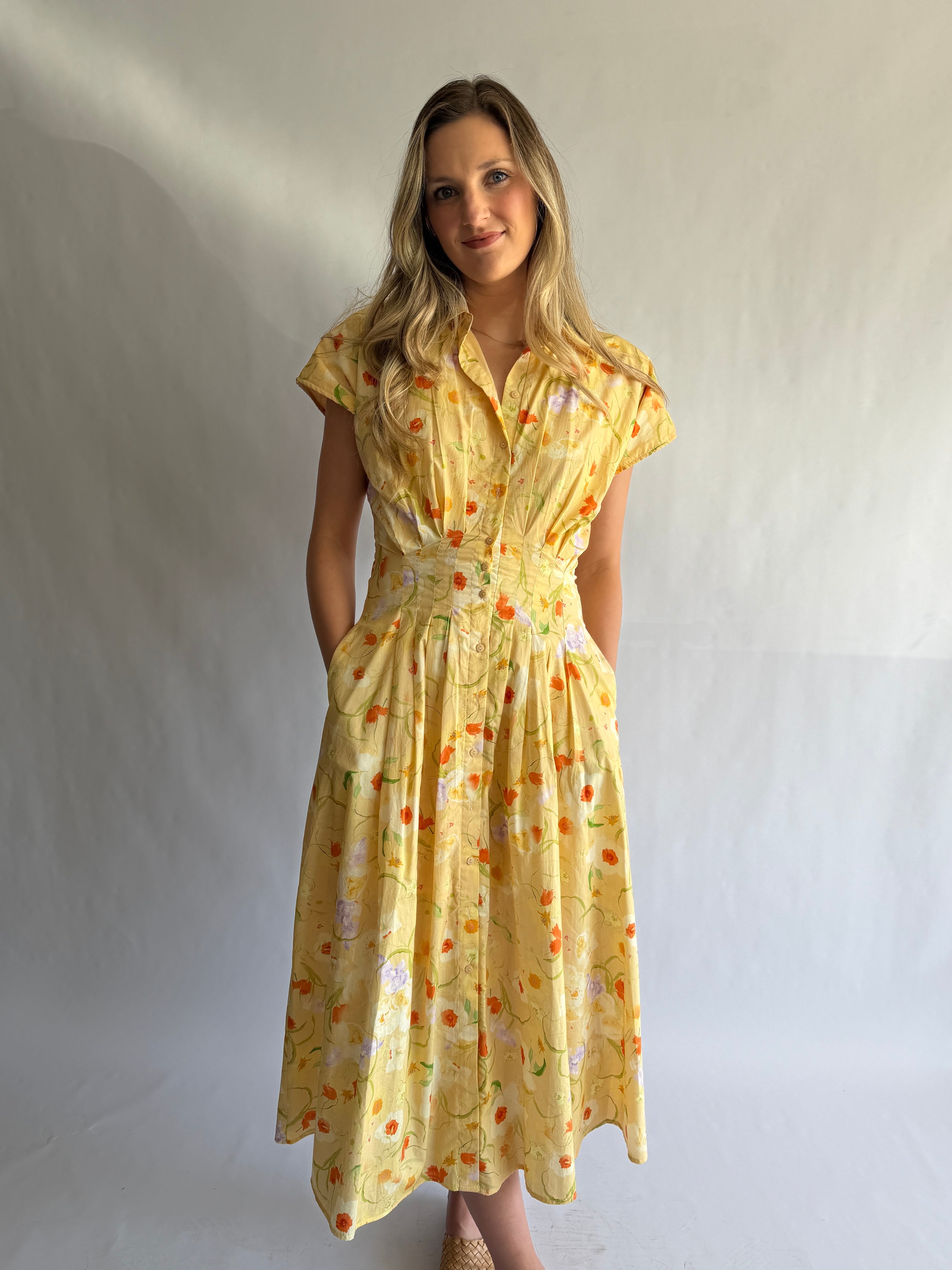 Melody Yellow Floral Pleat Buttoned Midi Dress