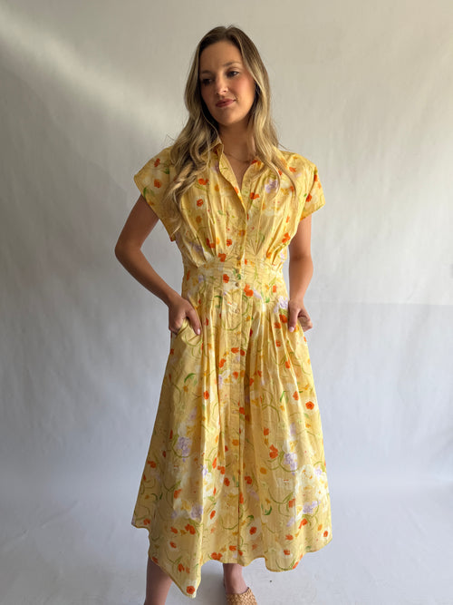 Melody Yellow Floral Pleat Buttoned Midi Dress