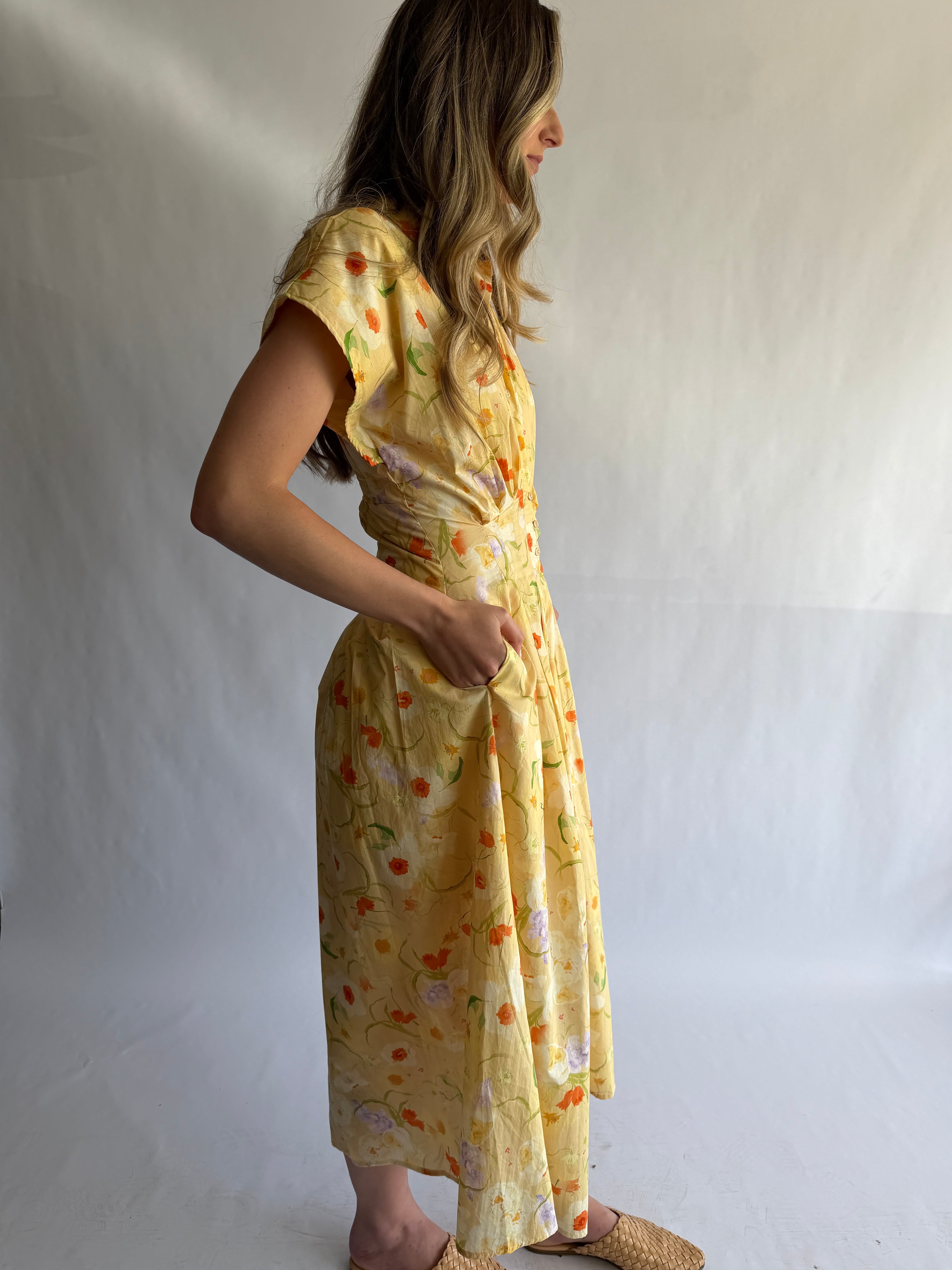 Melody Yellow Floral Pleat Buttoned Midi Dress