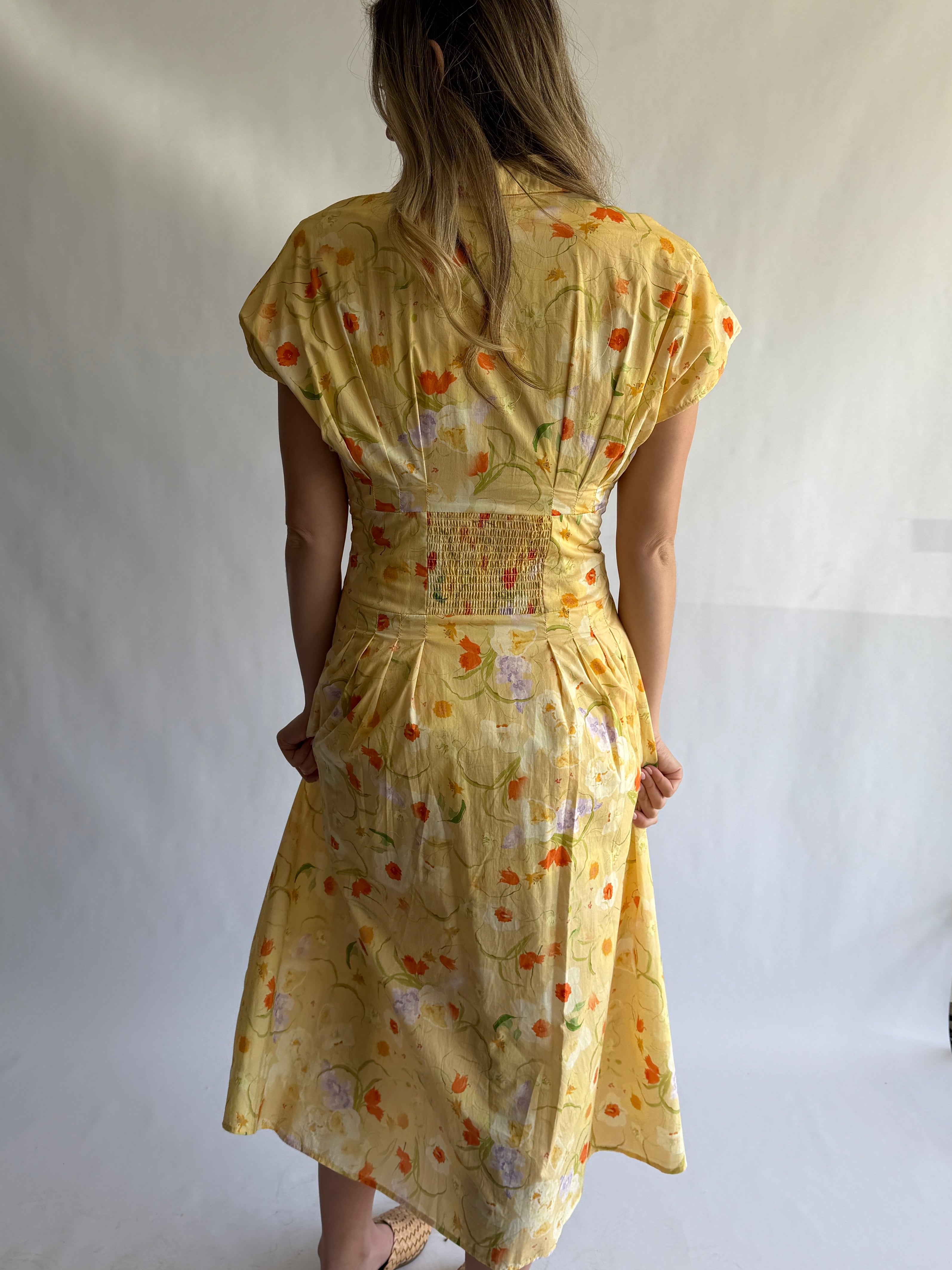 Melody Yellow Floral Pleat Buttoned Midi Dress