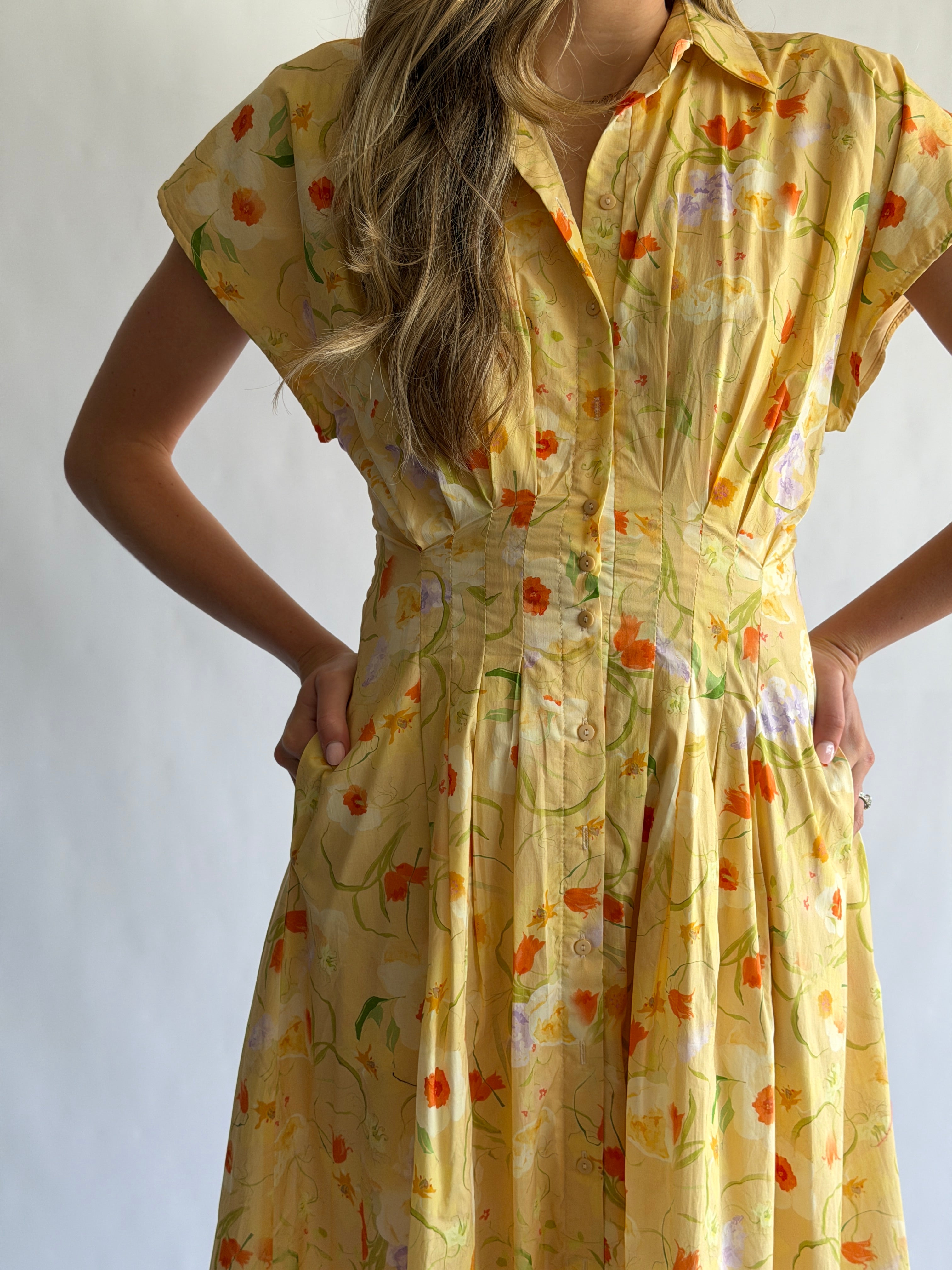 Melody Yellow Floral Pleat Buttoned Midi Dress