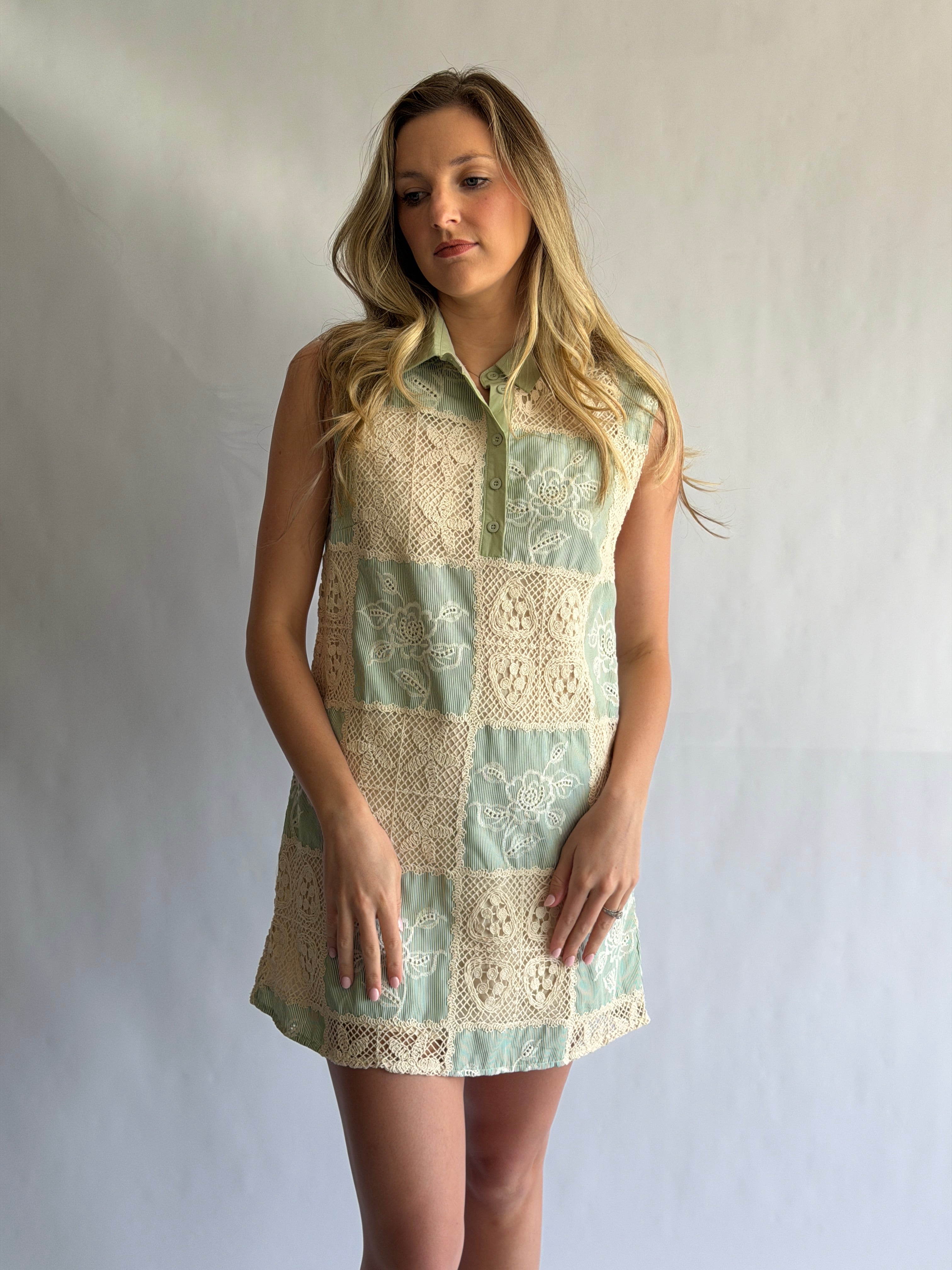 Maisy Sage Crochet Patchwork Collared Mini Dress