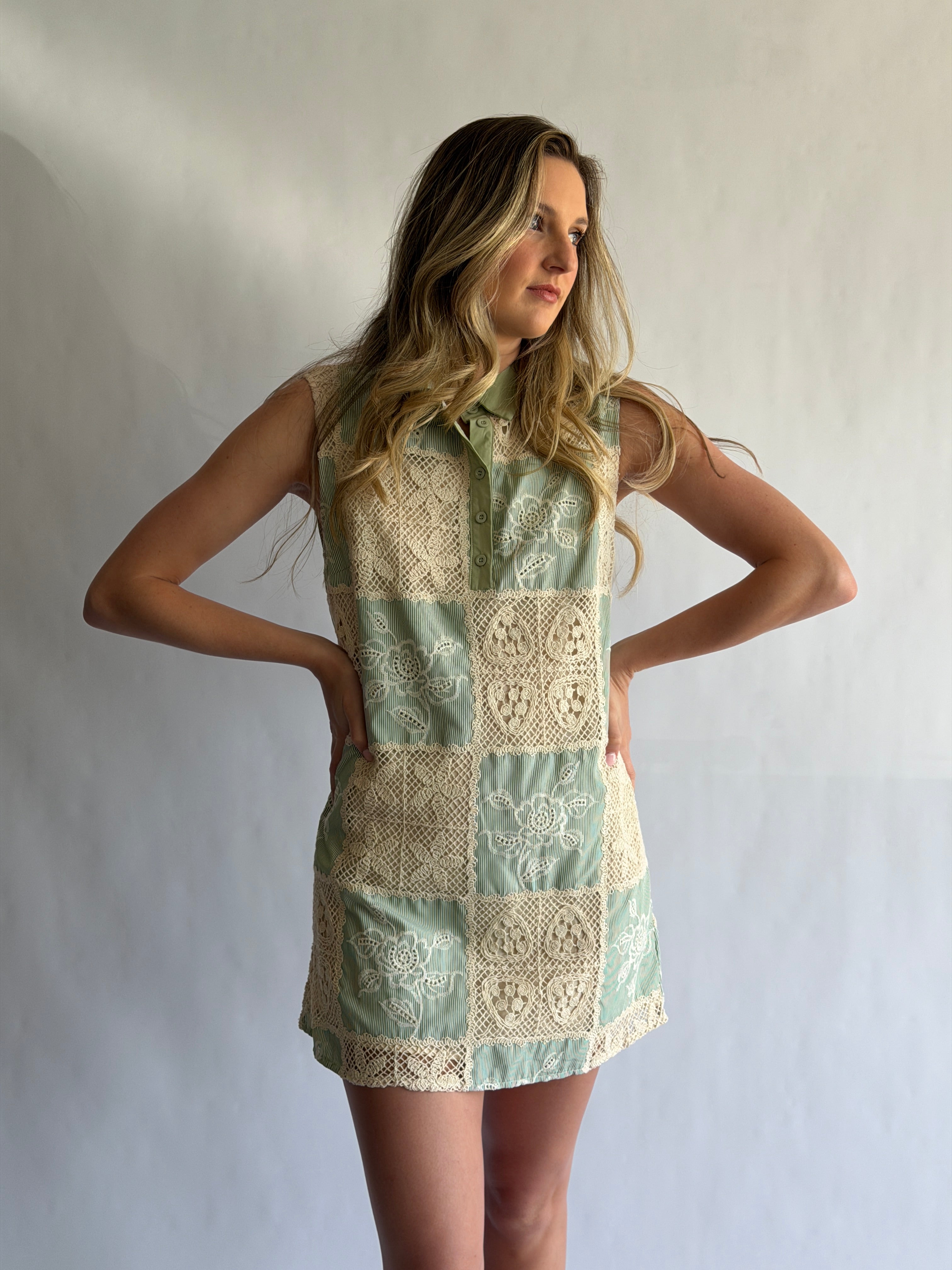 Maisy Sage Crochet Patchwork Collared Mini Dress
