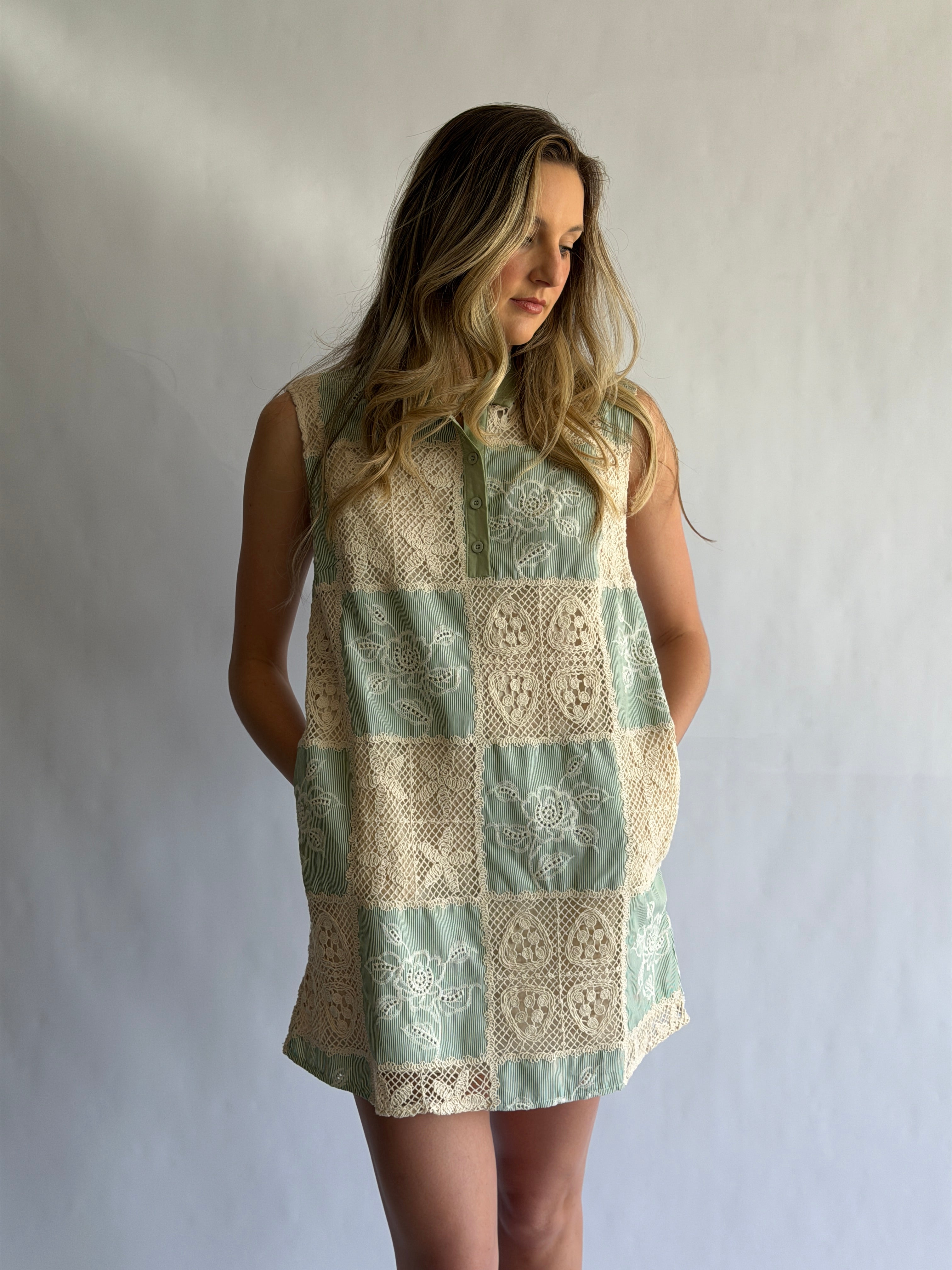 Maisy Sage Crochet Patchwork Collared Mini Dress