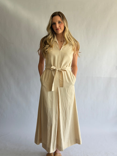 PINCH Melanie Oatmeal Linen Collared Tie Waist Maxi Dress