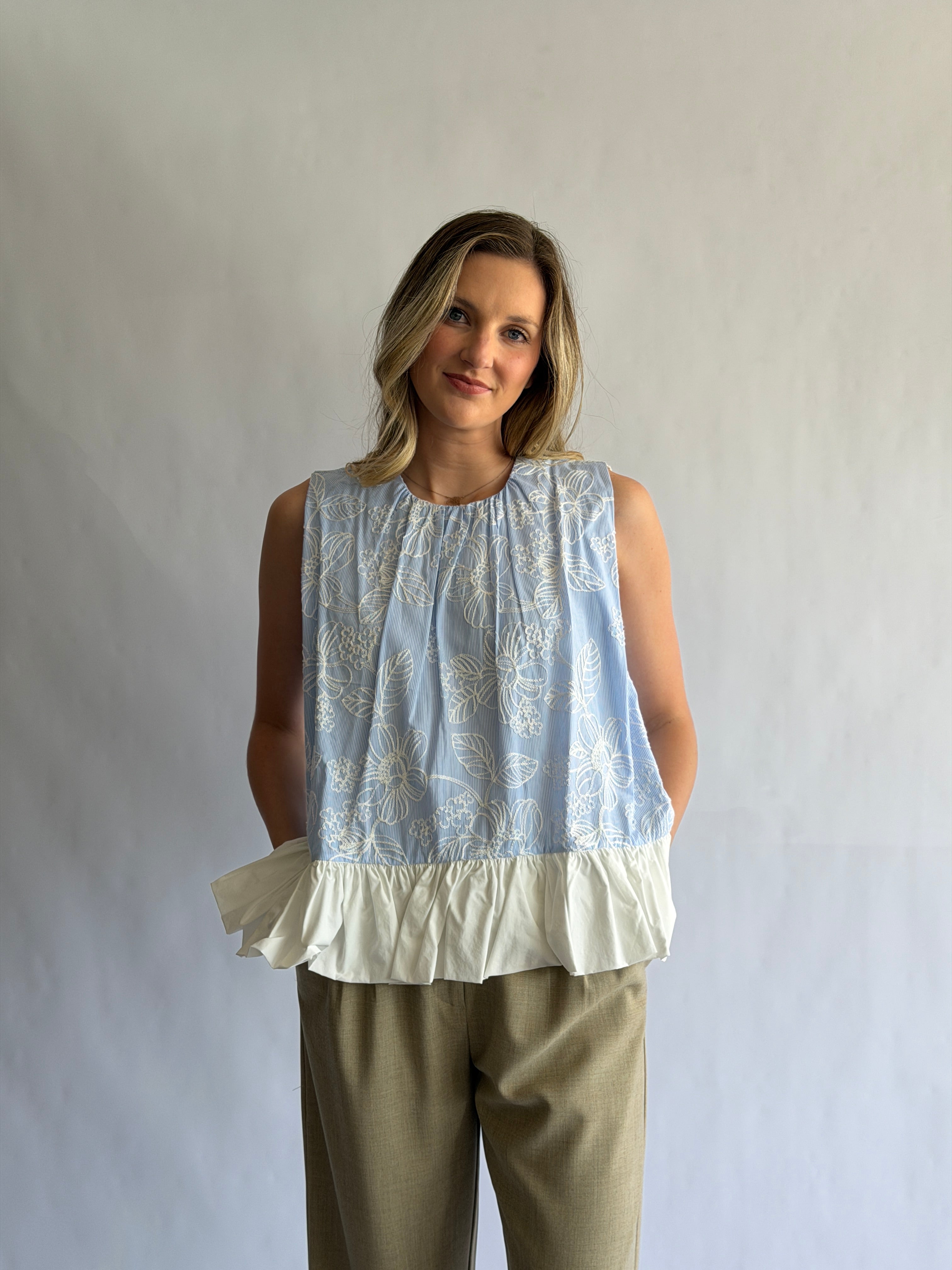 Madeline Blue Stripe Floral Embroidered Peplum Top
