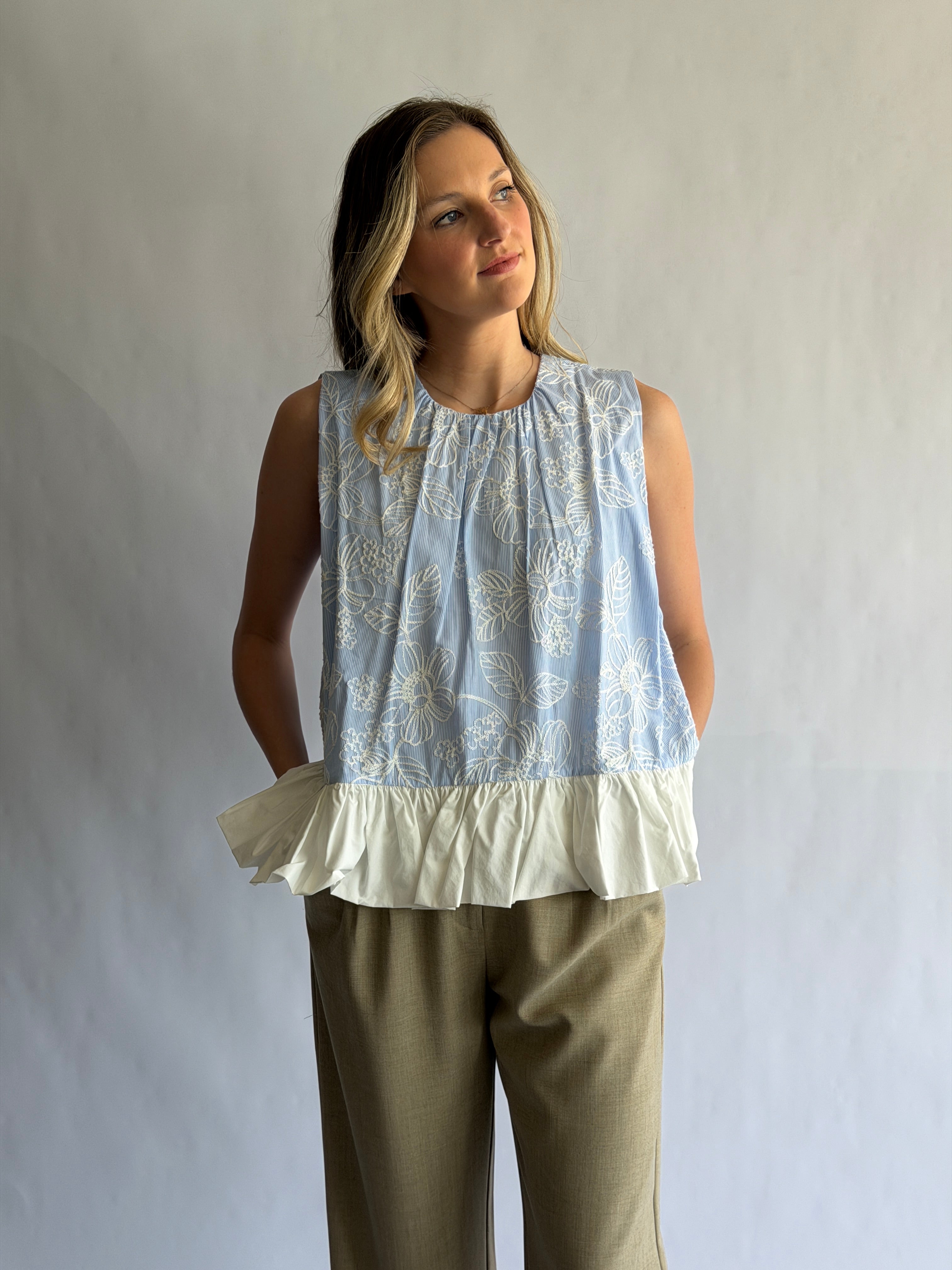 Madeline Blue Stripe Floral Embroidered Peplum Top