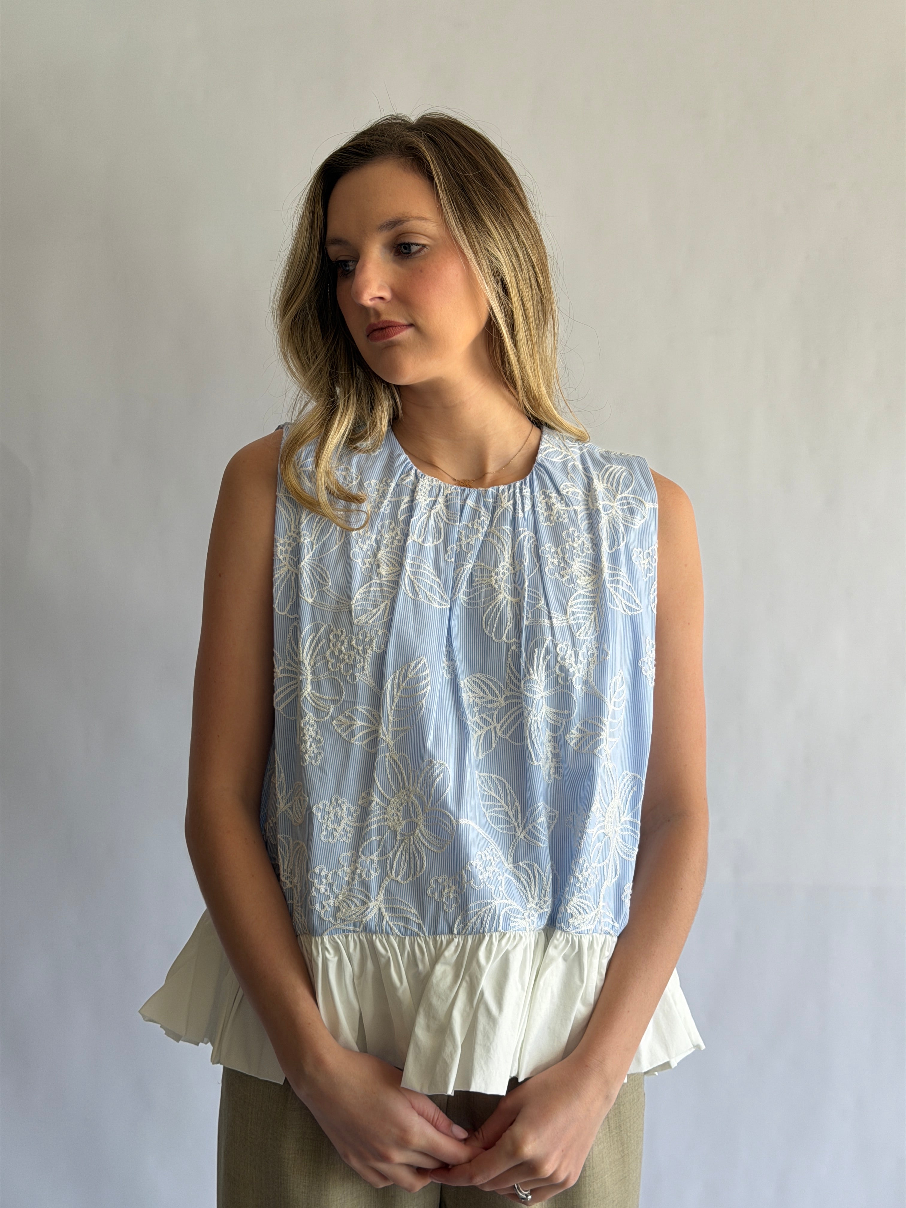 Madeline Blue Stripe Floral Embroidered Peplum Top