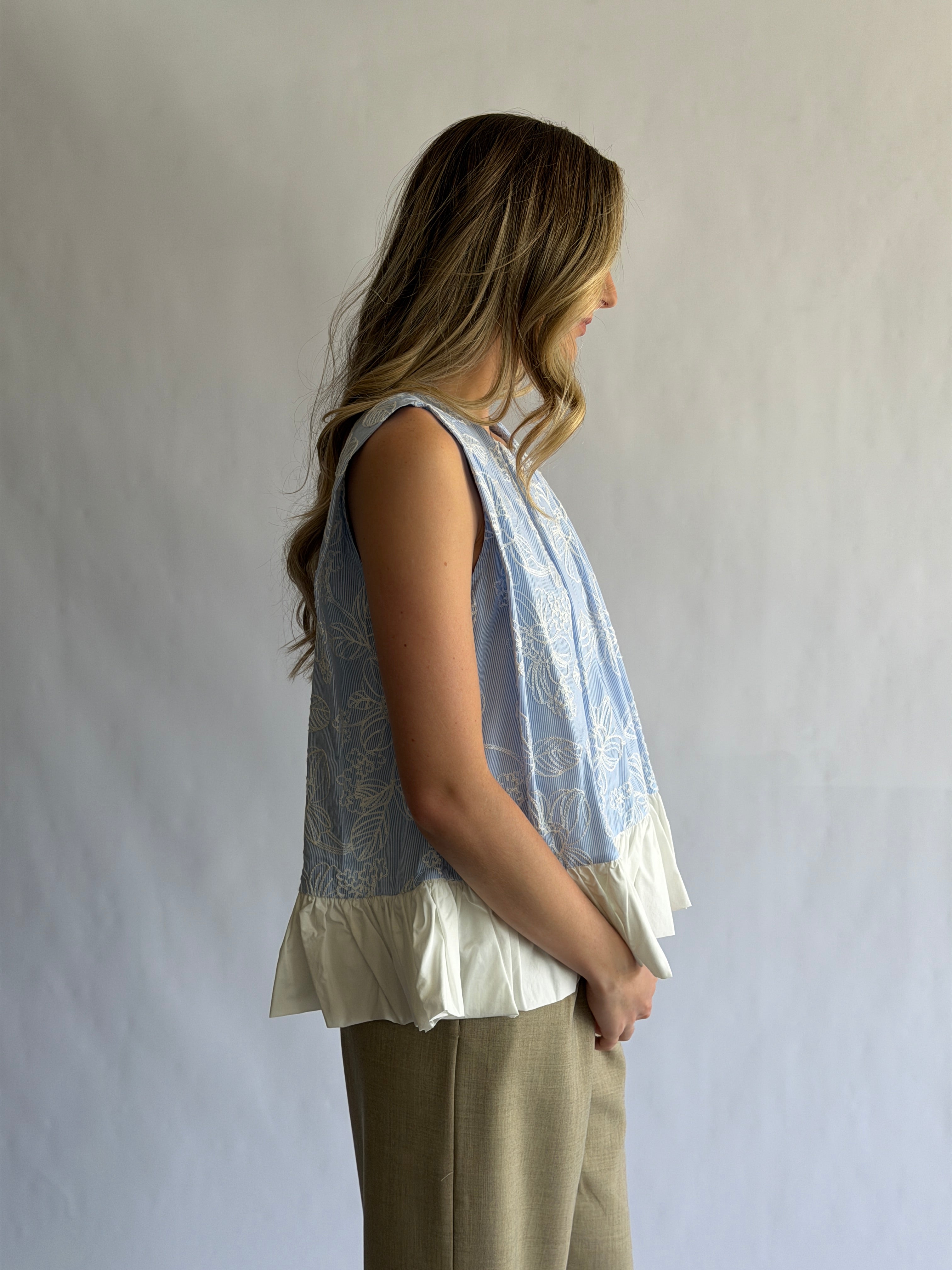 Madeline Blue Stripe Floral Embroidered Peplum Top