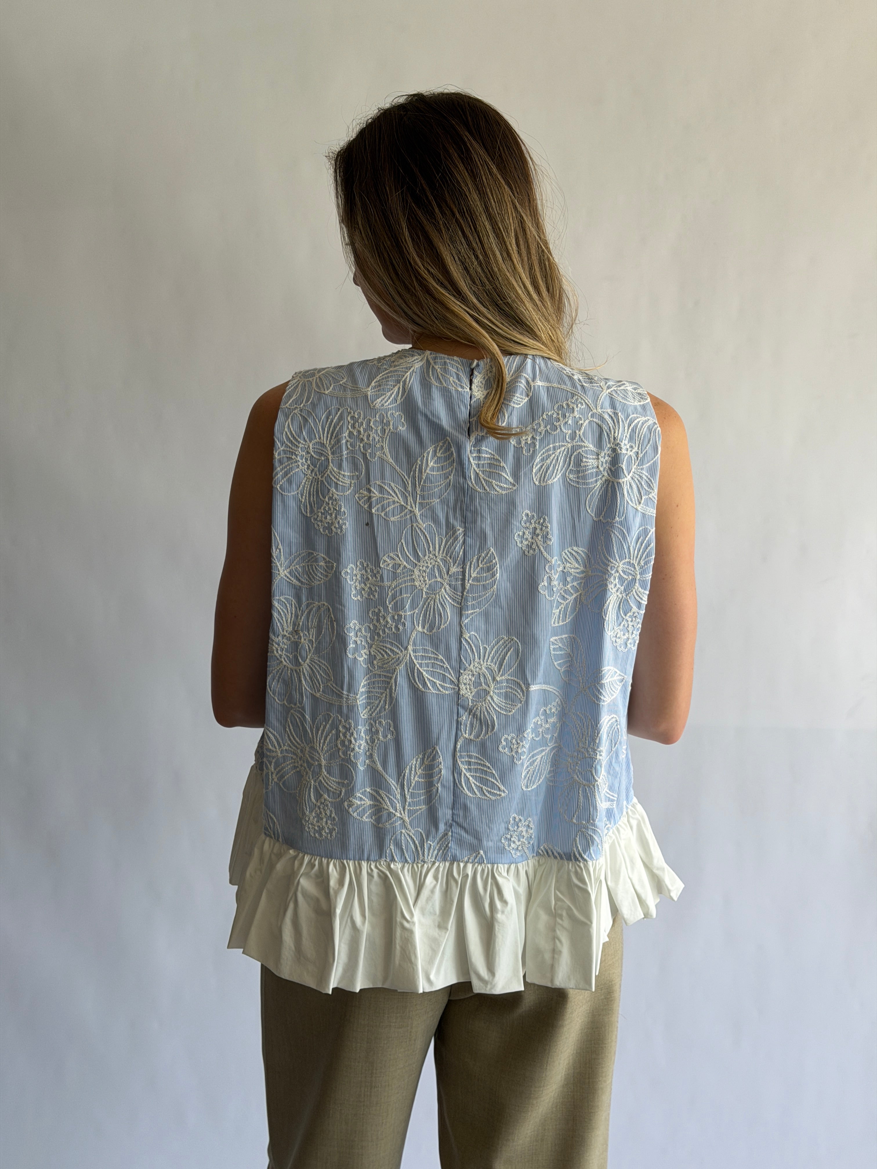 Madeline Blue Stripe Floral Embroidered Peplum Top