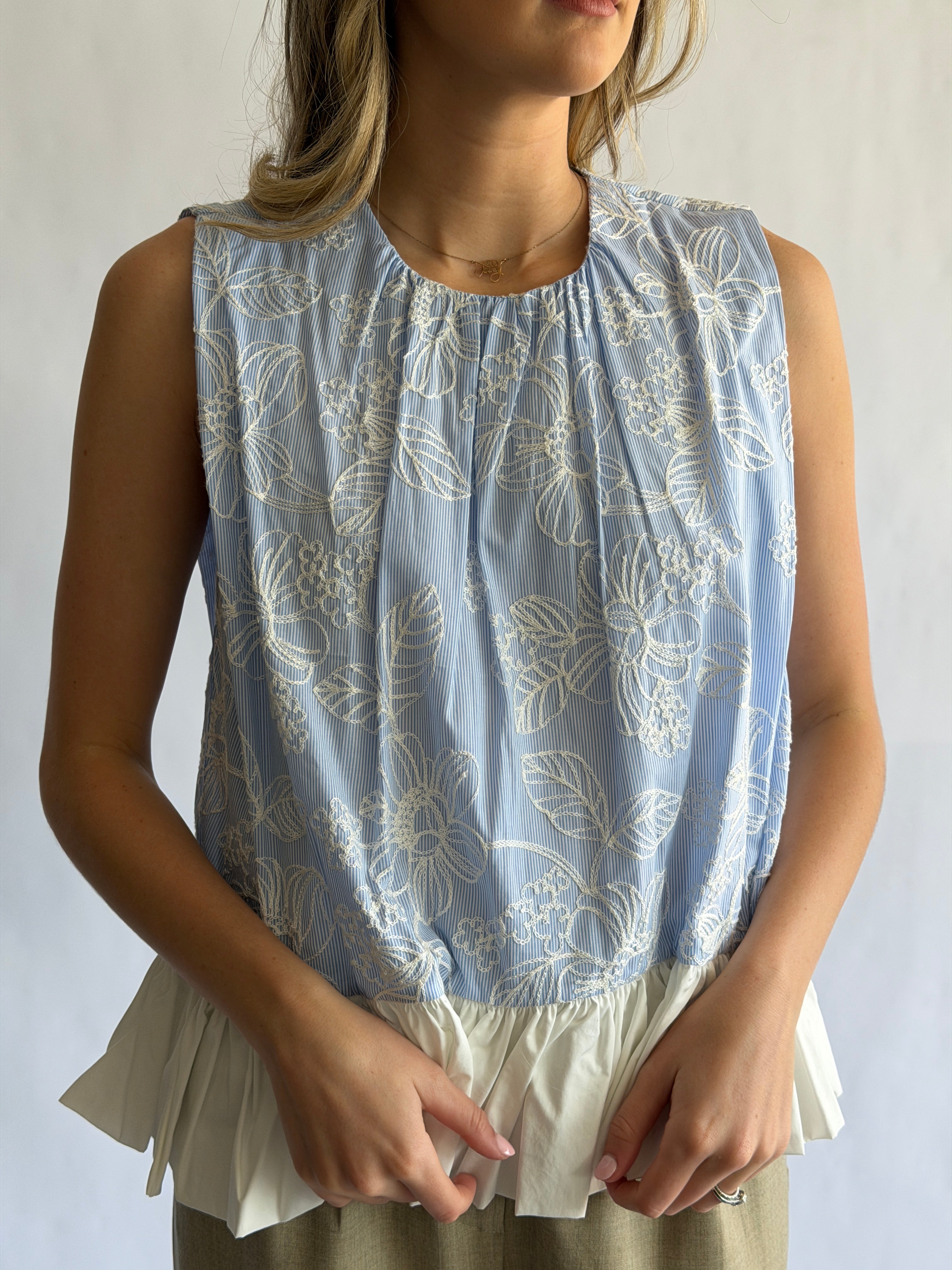Madeline Blue Stripe Floral Embroidered Peplum Top