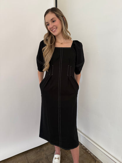 PINCH Sarah Black Contrast Stitched Puff Sleeve Midi Dress