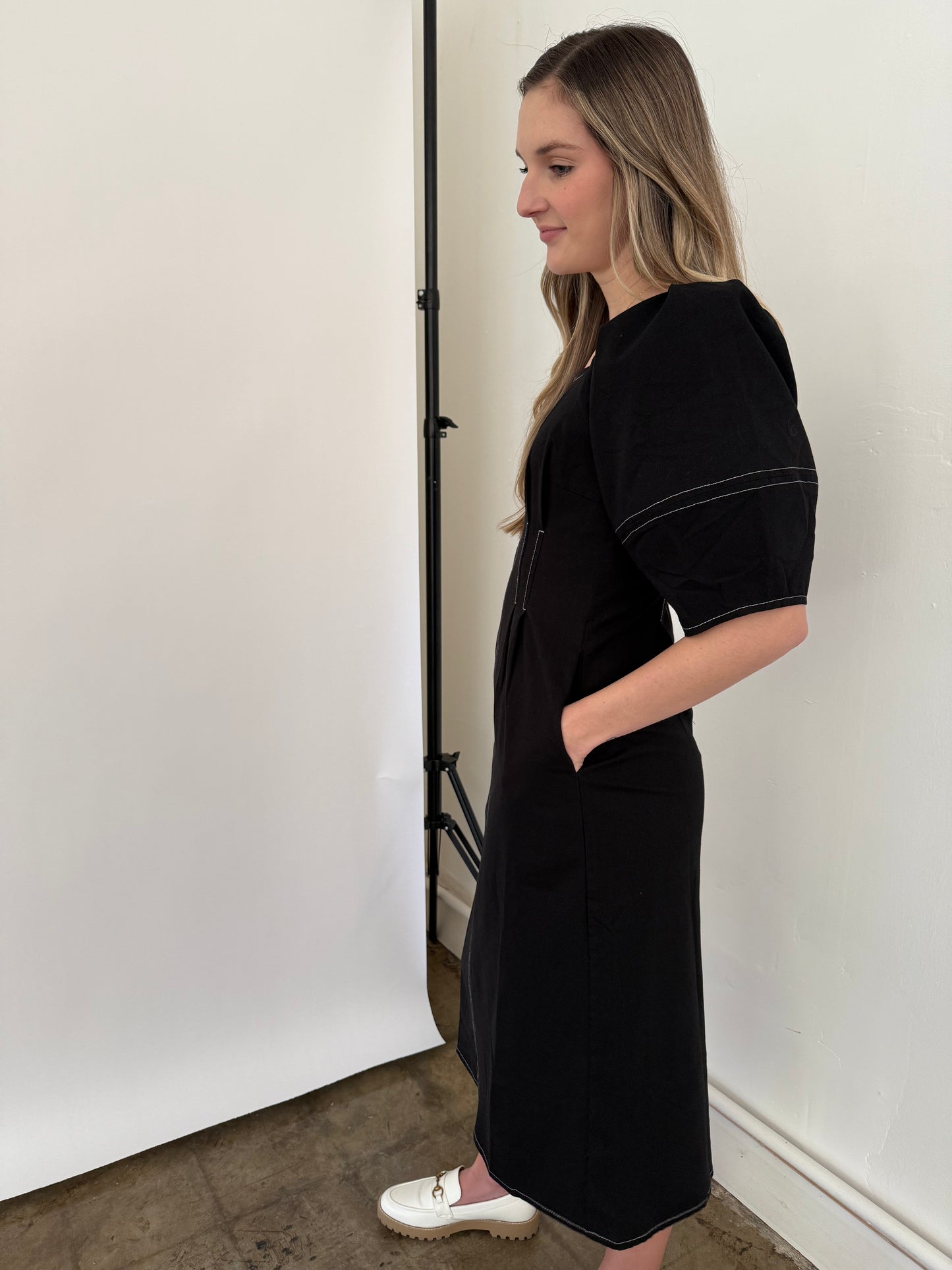 PINCH Sarah Black Contrast Stitched Puff Sleeve Midi Dress