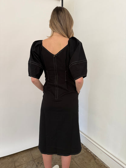 PINCH Sarah Black Contrast Stitched Puff Sleeve Midi Dress