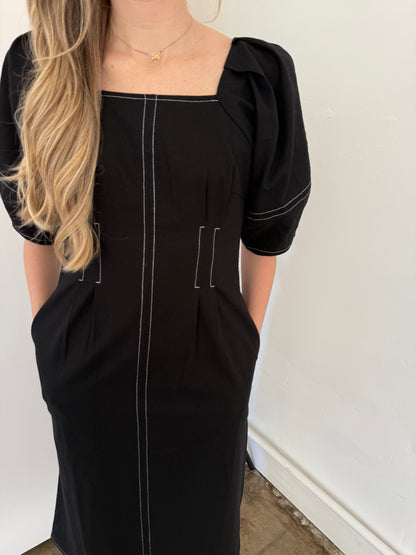 PINCH Sarah Black Contrast Stitched Puff Sleeve Midi Dress