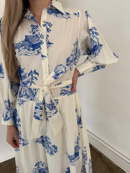 PINCH Taylor Blue Toile Print Collared Midi Dress