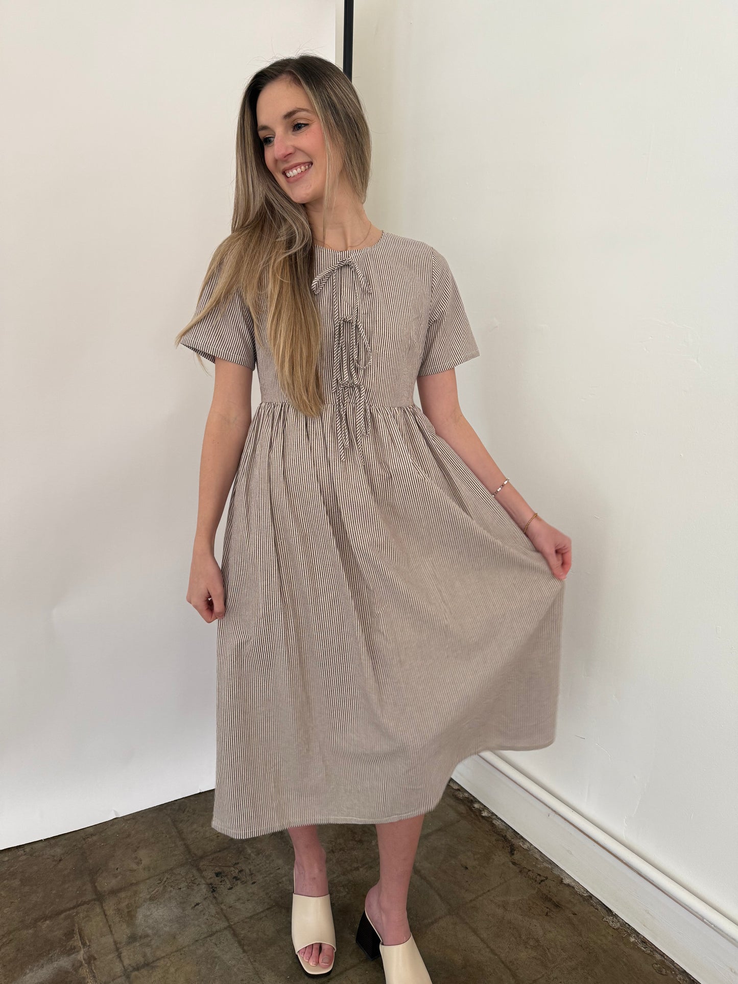 Things Between Sutton Brown Striped Tie Top Midi Dress