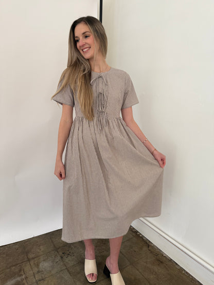 Things Between Sutton Brown Striped Tie Top Midi Dress