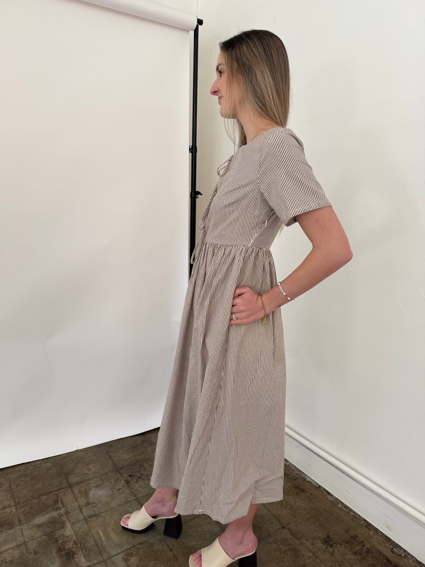 Things Between Sutton Brown Striped Tie Top Midi Dress